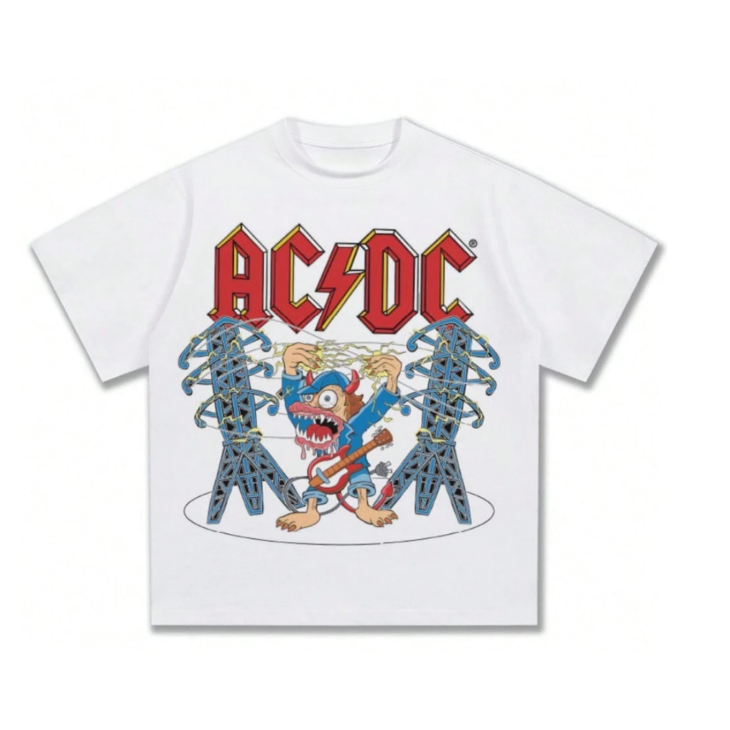 Camiseta Unissex De Algodão Com Estampas Da Banda De Rock AC/DC E Um Diabo De Desenho Animado Tocando Guitarra