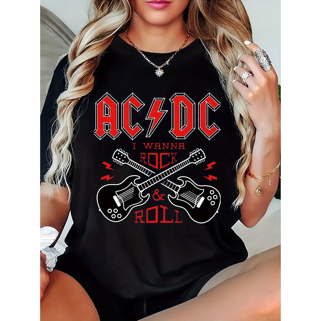 Camiseta Unissex De Estilo Urbano, 100% Algodão, Com Estampa Da Guitarra Cruzada Da Banda AC/DC 