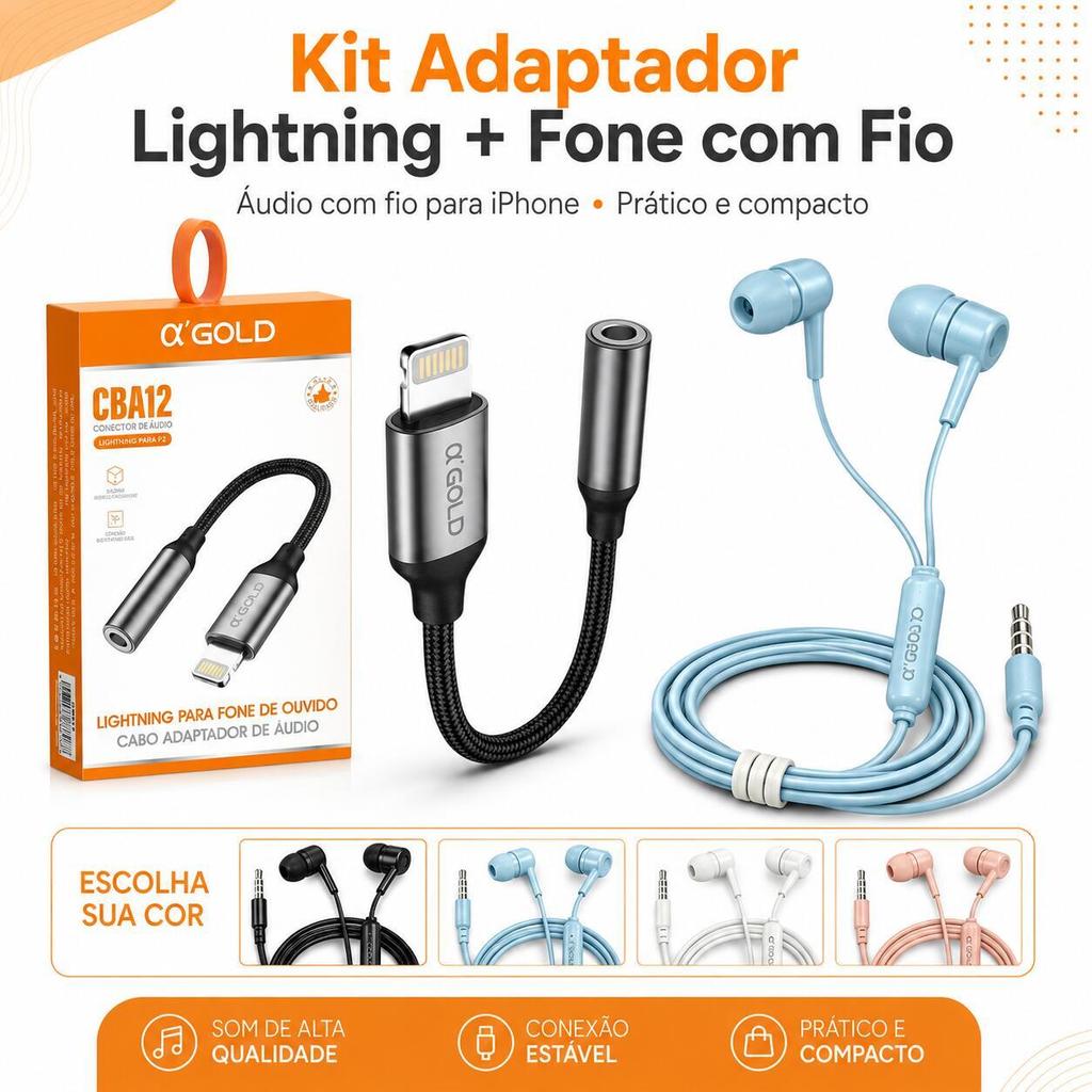Kit Adaptador Lightning Para P2 3,5mm + Fone De Ouvido Com Fio Microfone Para iPhone Música Chamadas