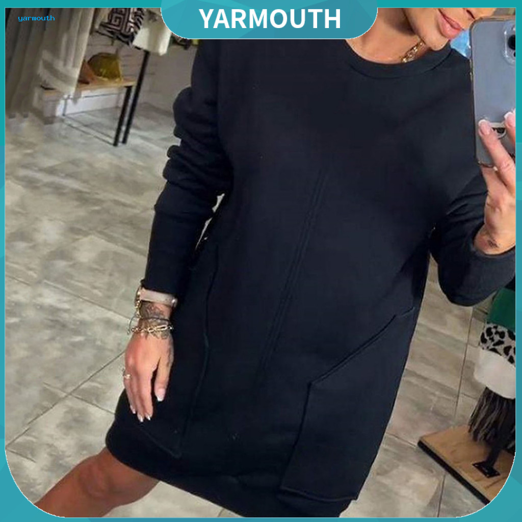Autumn Winter Sweatshirt Women’s Dress with Pockets – Loose Fit Round Neck Long Sleeve Mini for Wear Comfortable Pul