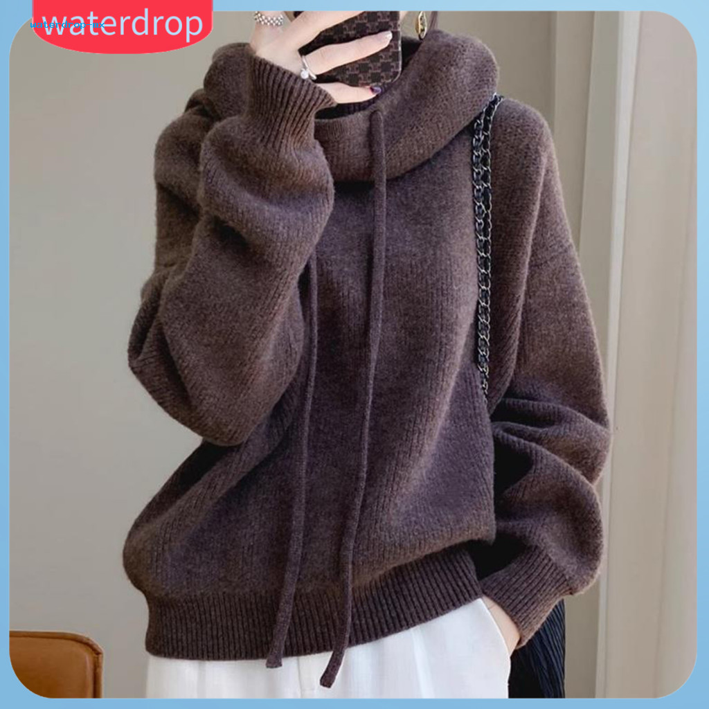 Women’s Knit Sweater with Pile Collar Drawstring Hood Long Sleeve Loose Fit Solid Color Pullover Top – Comfortable a