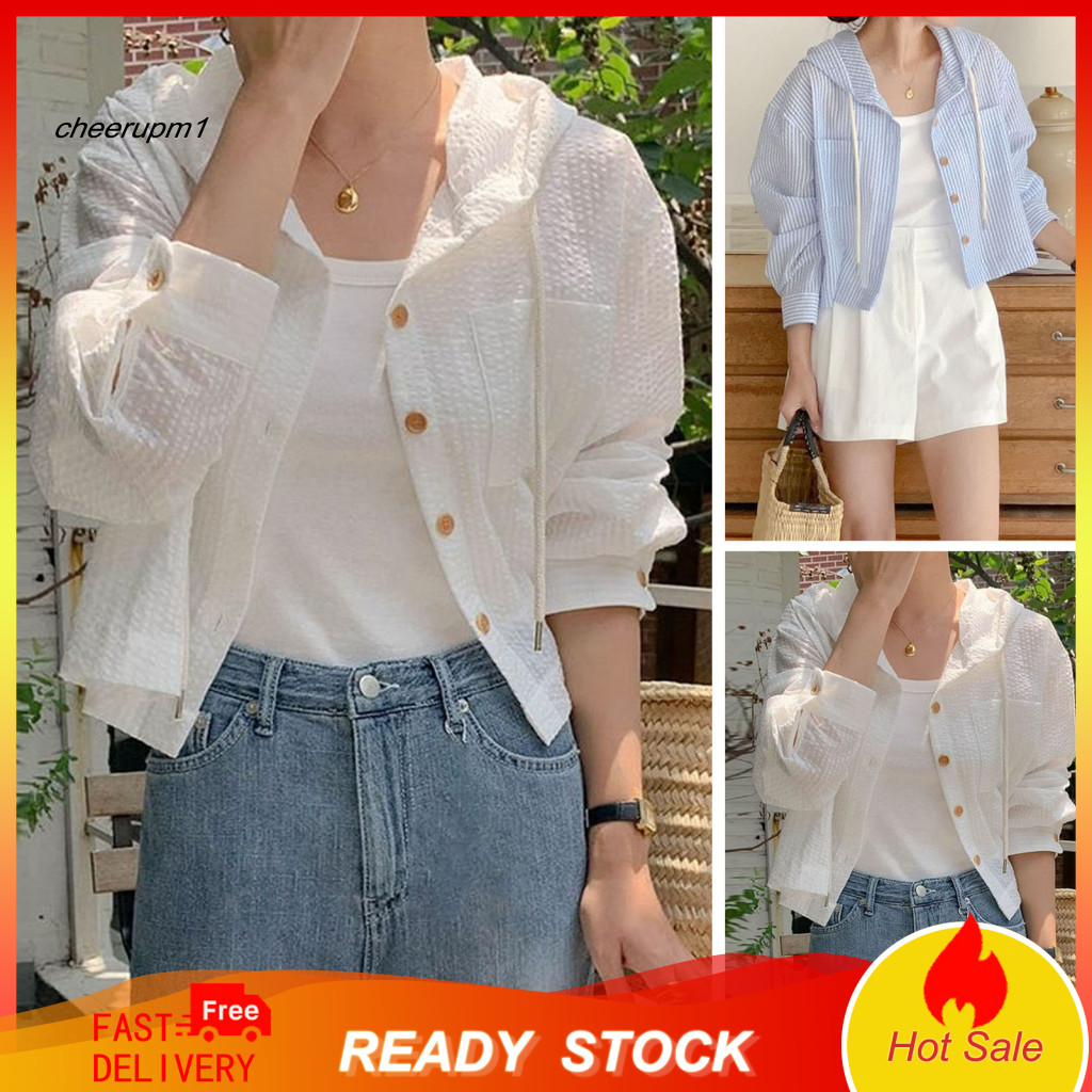 Polyester Cardigan for Women Comfortable Sun Jacket for Women’s Striped Button-down Shirt with Drawstring Hooded Long
