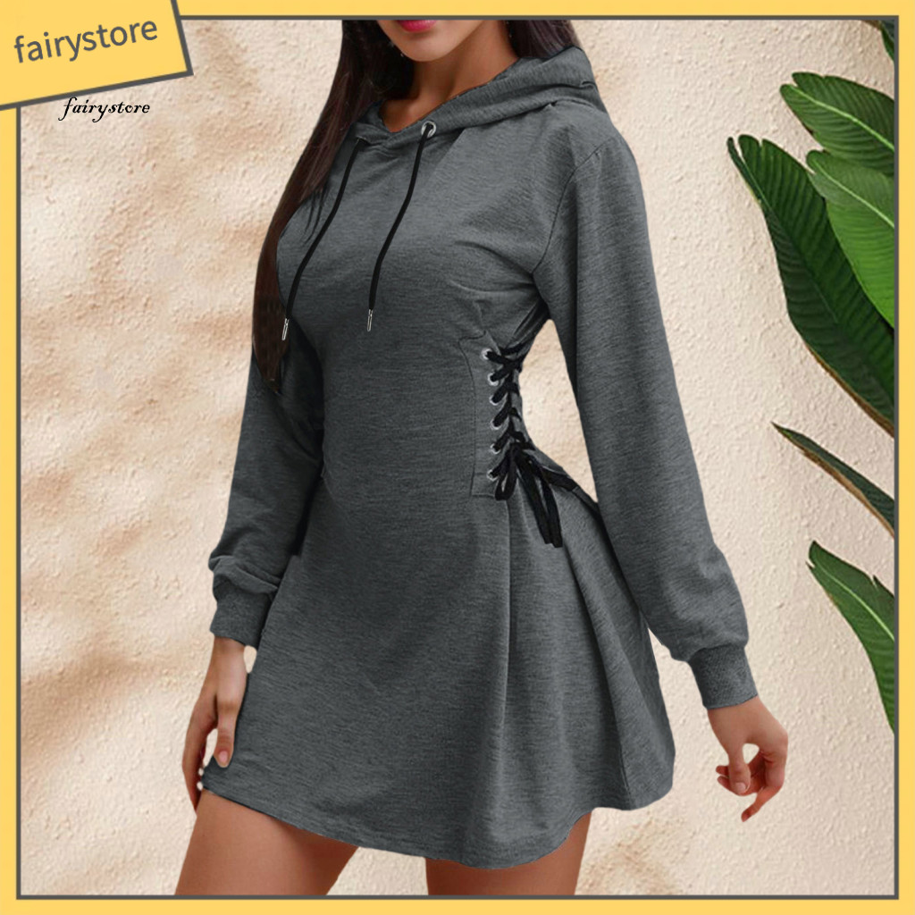 Hooded Dress Women’s Casual Sweatshirt Long Sleeve Hoodie Drawstring Pullover Tunic Side Lace-up A-line Comfortable St