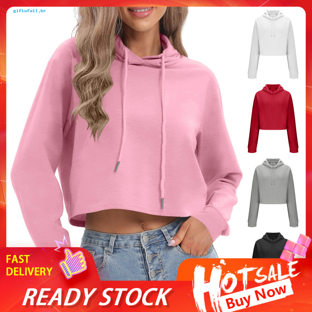 Comfortable Polyester Sweatshirt Women Hoodie Women’s Drawstring Cropped Long Sleeve Pullover Workout Crop Top Fall Fa