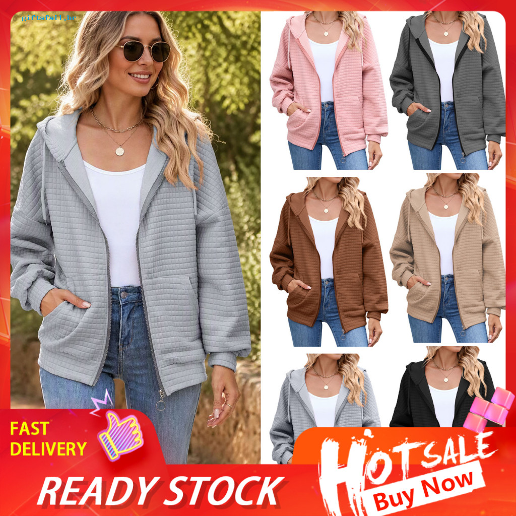 Comfortable Loose Fit Hoodie Long Sleeve Jacket Women’s Zip-up Waffle with Pockets – Drawstring Hooded for Fall Wint