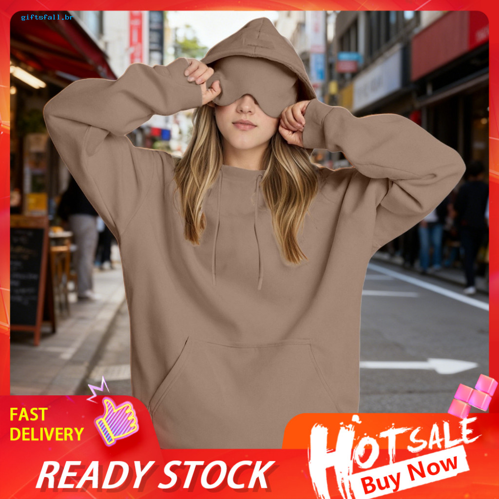 Loose Fit Hoodie Soft Polyester Unisex Oversized with Built-in Eye Cushion and Pocket – Comfortable Travel Pullover Sw