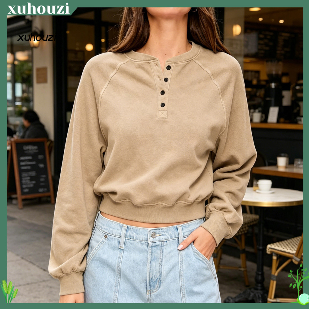 Women Pullover Raglan Sleeve Sweatshirt Women’s Oversized Crew Neck Loose Long Button-up Tunic Top – Comfortable Eve