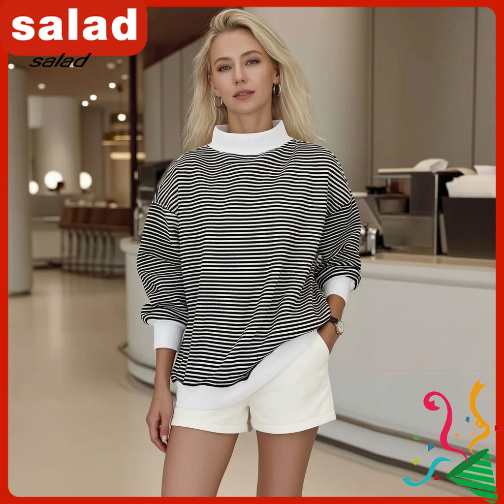 Women Striped Sweatshirt Pullover Women’s Oversized Mock Neck Long Sleeve with Ribbed Cuffs – Comfortable Fall for E