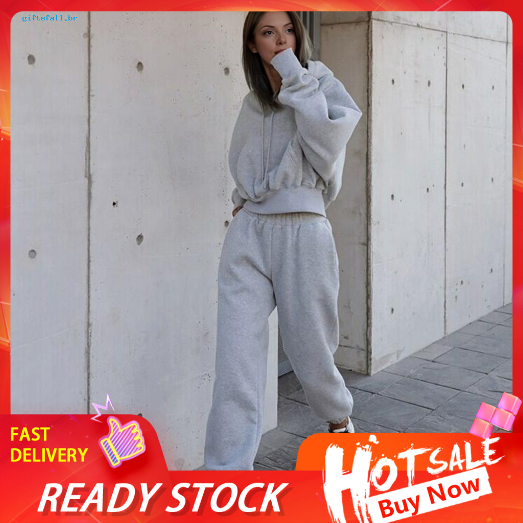Women Tracksuit Solid Color Women’s 2-piece Set – Long Sleeve Crop Hoodie Jogger Pants Fall Sweatsuit Comfortable Lo