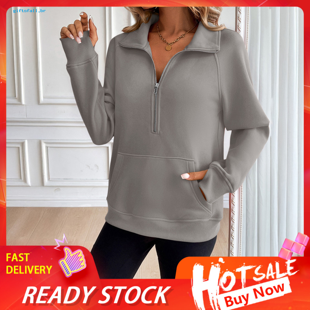 Women Pullover Sweatshirt Comfortable Women’s Half Zip Long Sleeve Top with Pocket Loose Fit Lapel Sweater for Autumn
