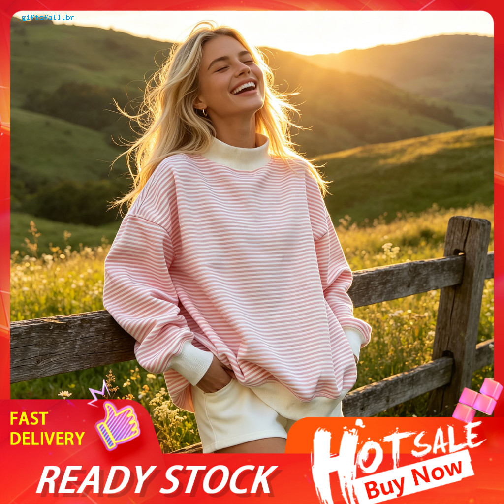 Long Sleeve Tops Women Striped Sweatshirt Women’s Oversized Mock Neck Pullover with Ribbed Cuffs – Comfortable Fall