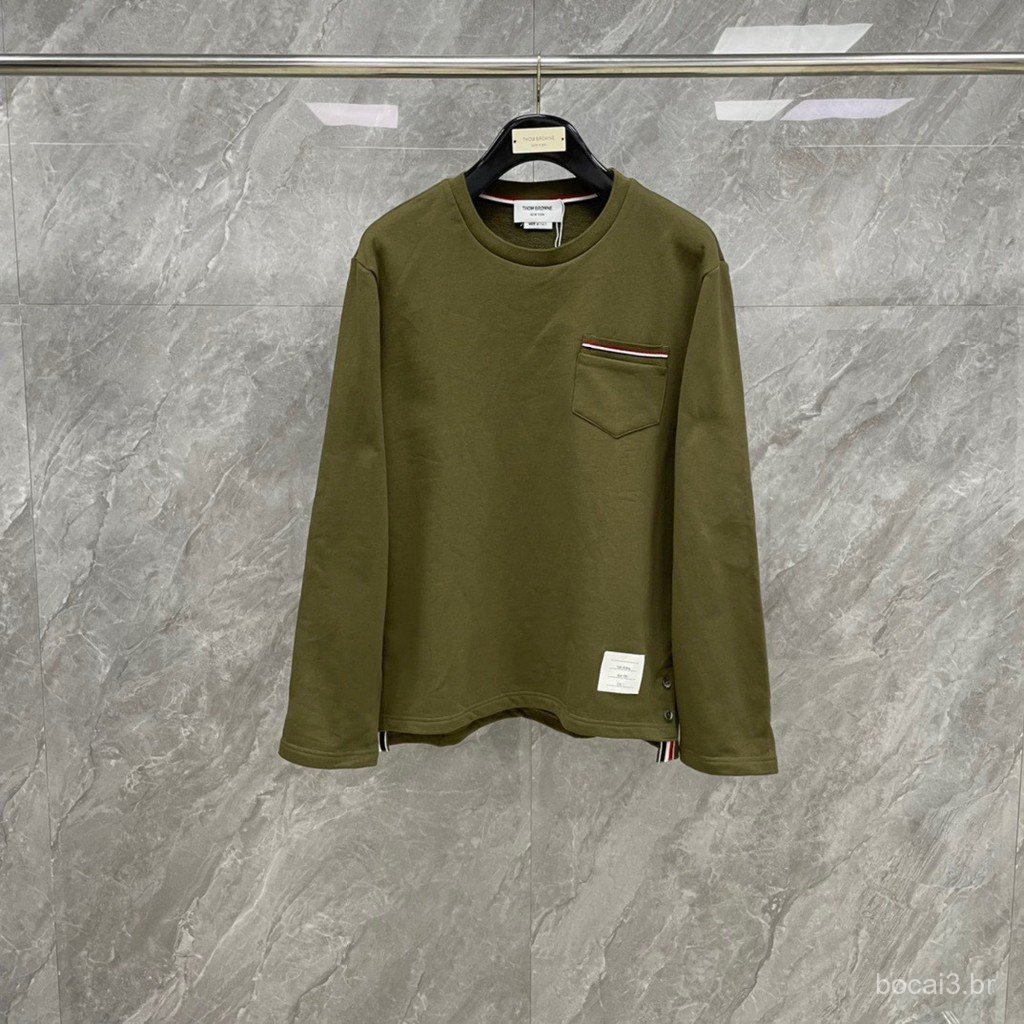 R4EG New autumn solid color sweatshirt with chest pocket and striped round neck T Casual, comfortable, and versatile shi