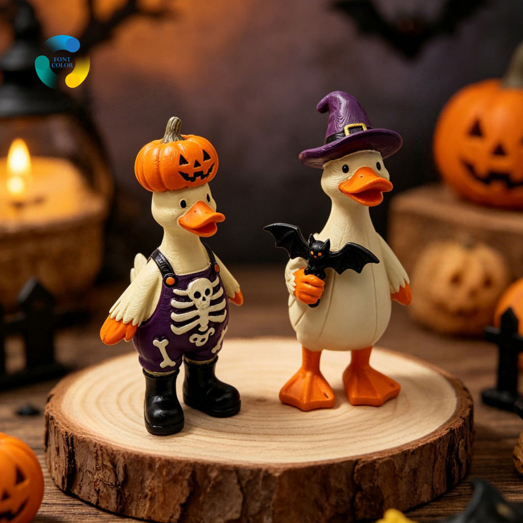 Resin Skeleton Pumpkin Ornament Bat Decor 2pcs Halloween Duck Figurines with Witch Hat Cute Statues for Home Office Desk