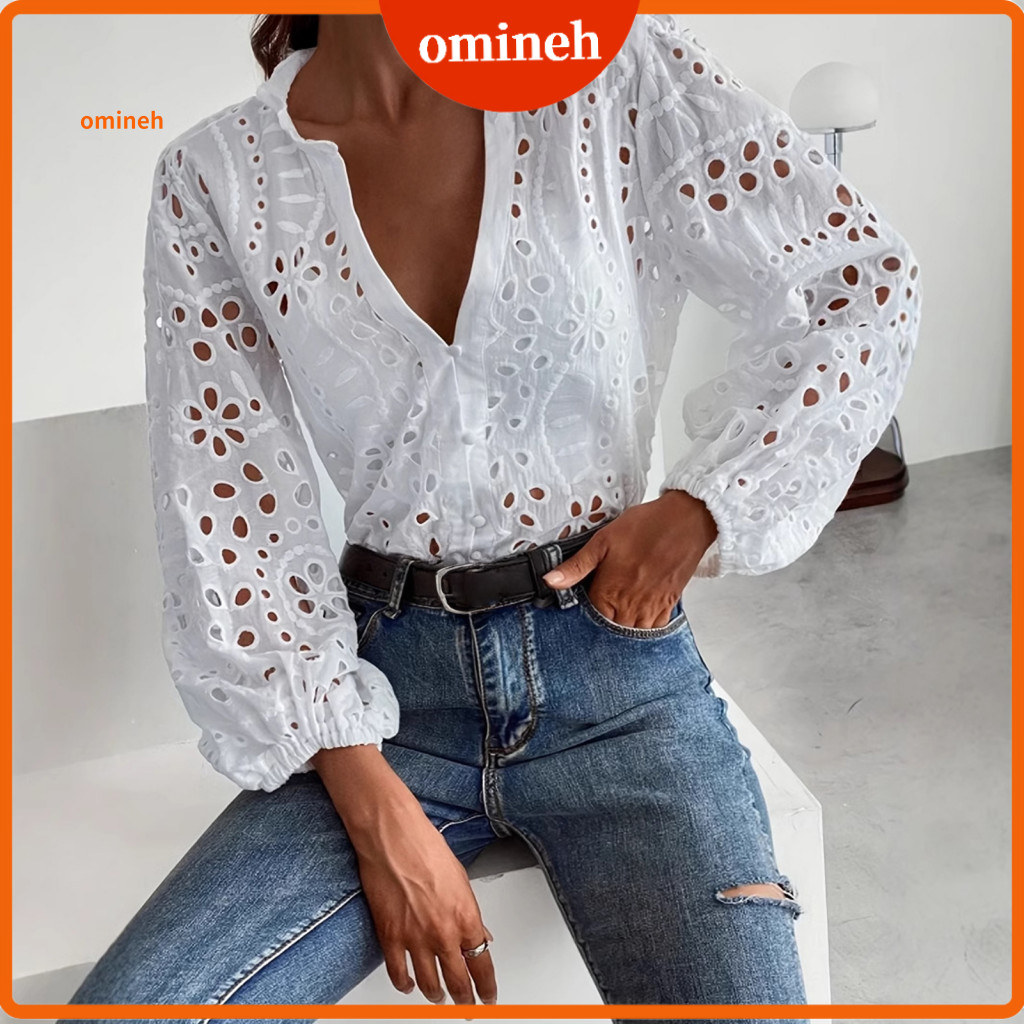 V-neck Blouse Women White Shirt Women’s Lantern Sleeve Single Breasted Top with Ruffle Hollow Design Lightweight Long