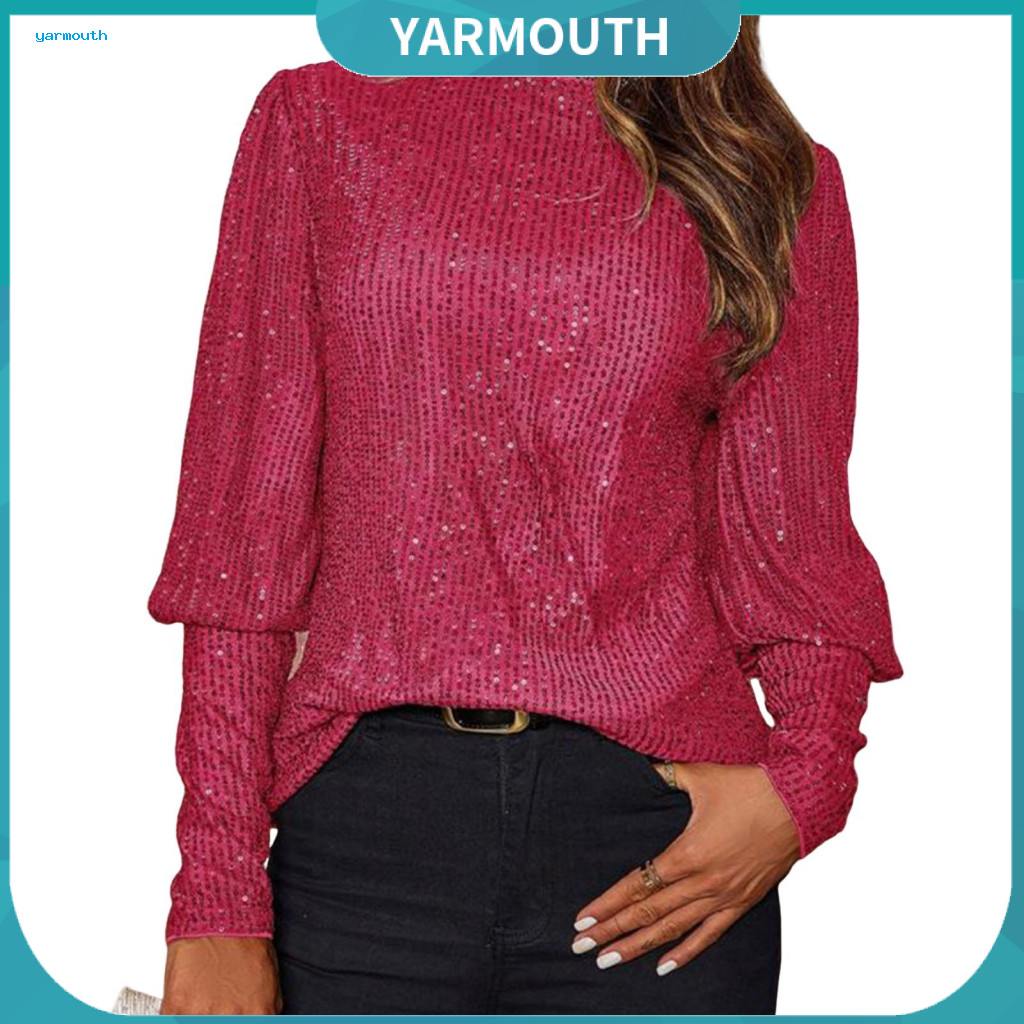 Women Top Stretchy Blouse Women’s Casual Round Neck Lantern Sleeve Jumper Loose Fit Glitter Sequin Long Shirt for Ever