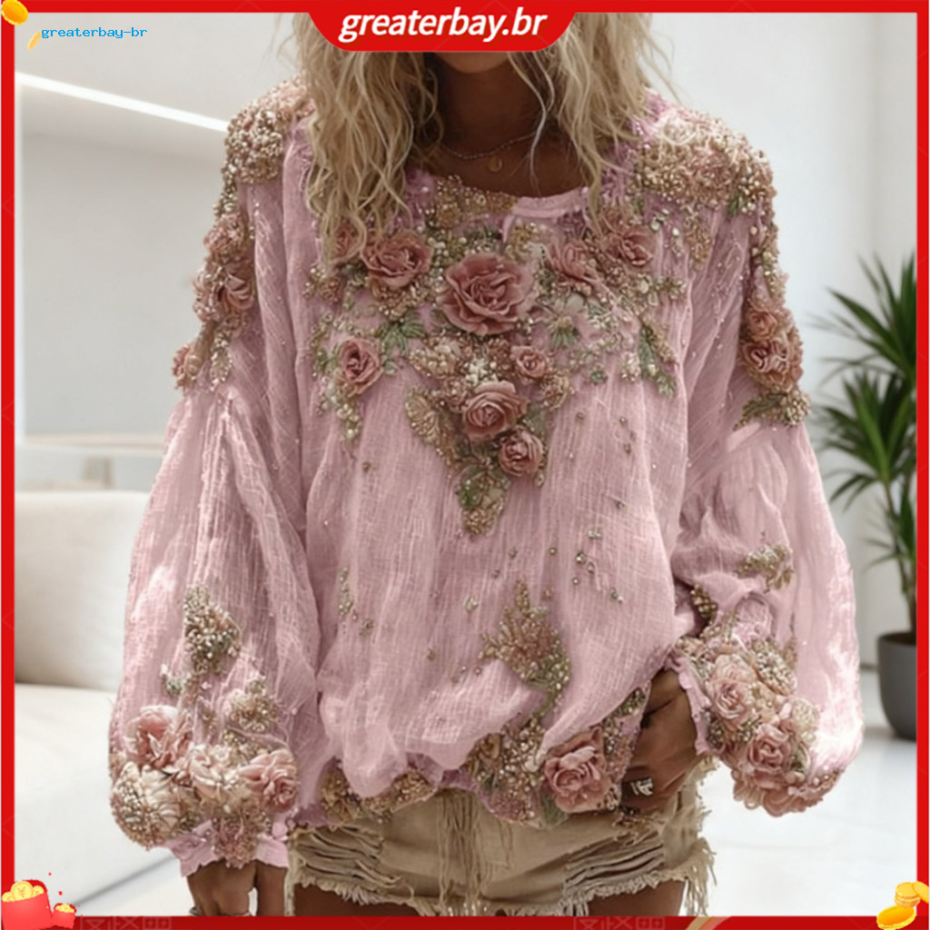 Women’s V-neck Lantern Sleeve Shirt Casual Loose Fit 3d Flower Pattern Top Long Blouse for Daily Wear Comfortable and