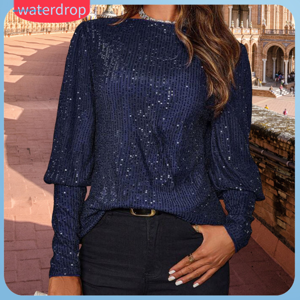 Women’s Casual Round Neck Lantern Sleeve Jumper Top Loose Fit Glitter Sequin Blouse Stretchy Long Shirt for Everyday W