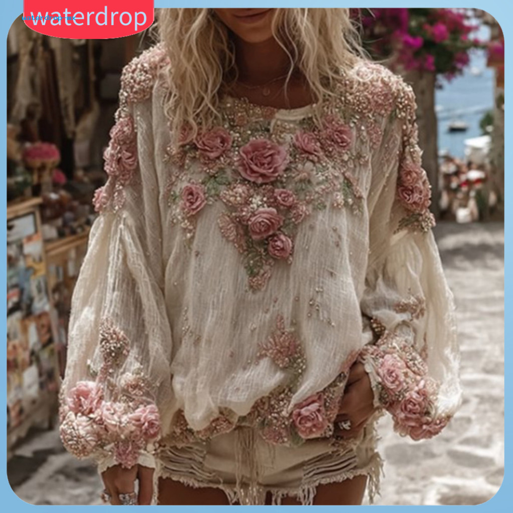 Women’s V-neck Lantern Sleeve Shirt Loose Fit Long Top with 3d Flower Pattern Comfortable Wear Blouse for Women – St