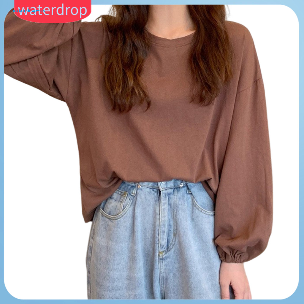 Women’s Round Neck Lantern Sleeve T-shirt Long Elastic Cuffs Loose Fit Pullover Top Solid Color Tee for Wear – Comfo