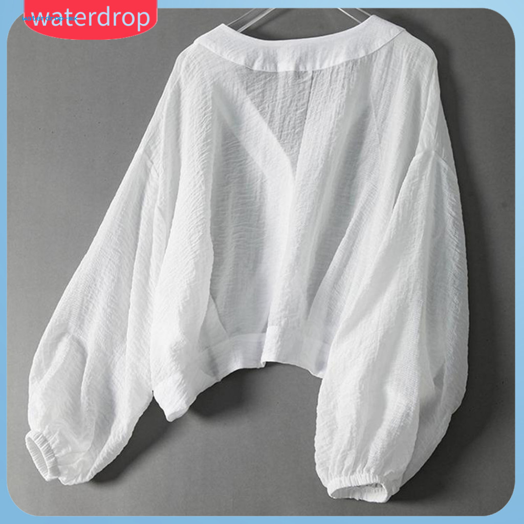 Women’s Loose Fit V-neck Lantern Sleeve Shirt Two-button Placket Casual Top Solid Color Long Blouse Comfortable Everyd