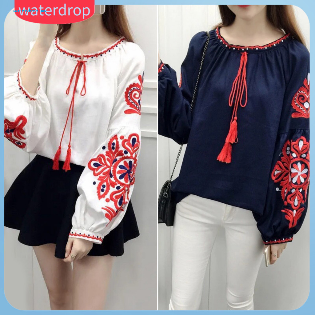 Women’s Ethnic Embroidered Summer Shirt – Loose Fit Pullover Blouse with Round Neck Lantern Sleeves Lightweight Top