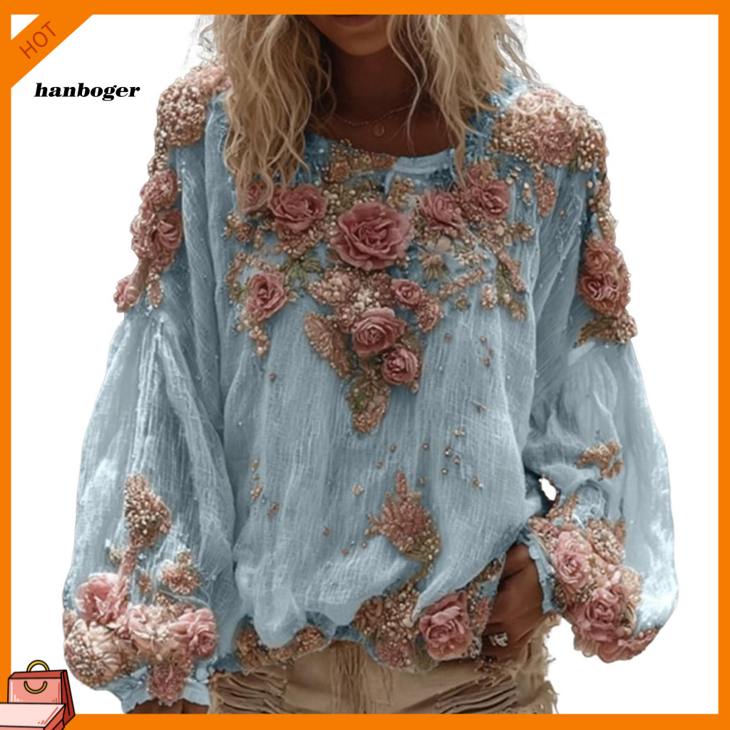 Women Tunics Shirts Women’s V-neck Lantern Sleeve Shirt Loose Fit Long Top with 3d Flower Pattern Comfortable Wear Blo