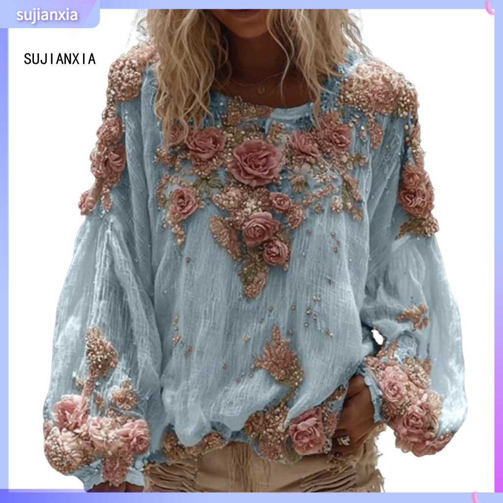 Printed Tops Women Tunics Women’s V-neck Lantern Sleeve Shirt Loose Fit Long Top with 3d Flower Pattern Comfortable We