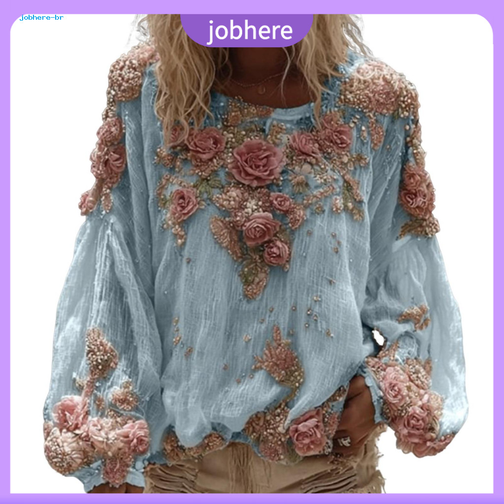 V-neck Blouses Casual Women Shirts Stylish Lantern Sleeve Women's Shirt with 3d Flower Pattern Perfect for Daily Wear