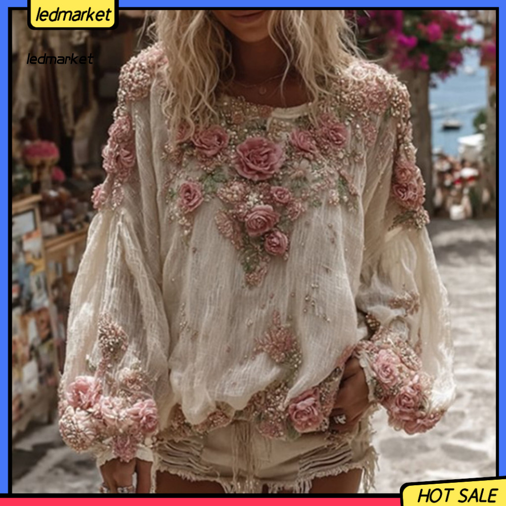 Loose Fit Shirts Women Women’s V-neck Lantern Sleeve Shirt Long Top with 3d Flower Pattern Comfortable Wear Blouse for