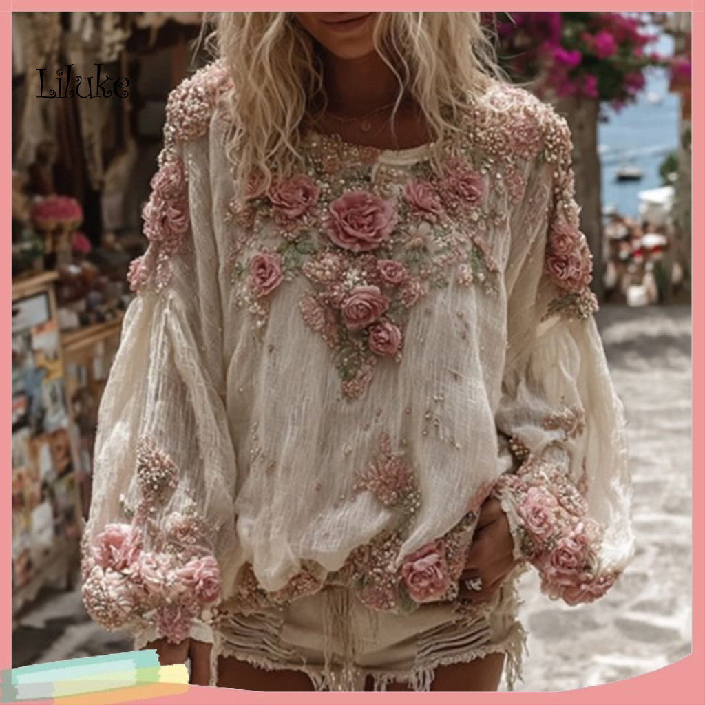 Printed Tops Loose Fit Shirts Women’s V-neck Lantern Sleeve Shirt Long Top with 3d Flower Pattern Comfortable Wear Blo