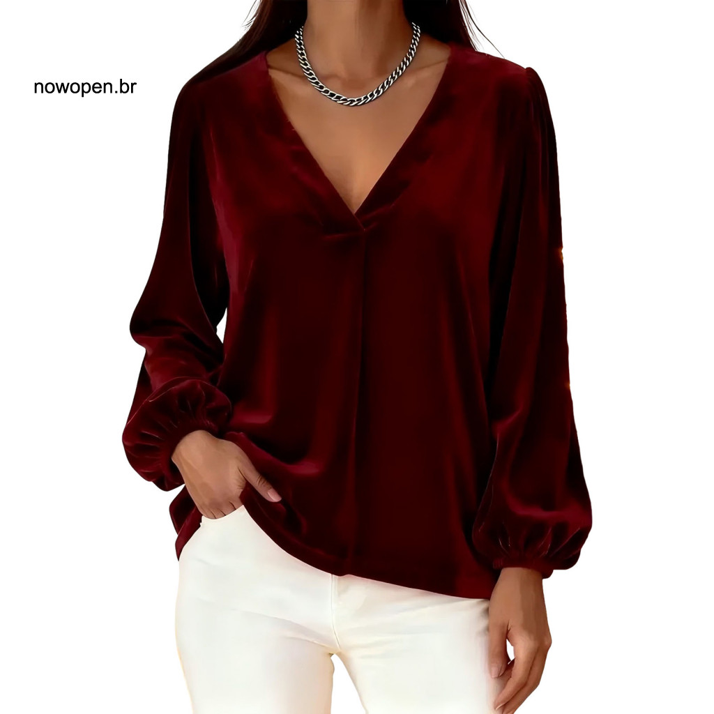 Autumn Casual Top Women Blouse Women’s V Neck Lantern Sleeve Soft Stretchy Long Shirt Loose Fit Solid Color for Spring