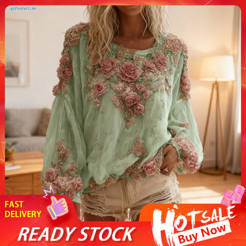 Women Tunics V-neck Blouses Women’s Lantern Sleeve Shirt Loose Fit Long Top with 3d Flower Pattern Comfortable Wear Bl