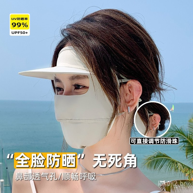 Sun Protection Mask for Women, Summer Ice Silk Breathable Full Face Cover, Sunshade Hat, Outdoor Cycling Anti-Wind Mask