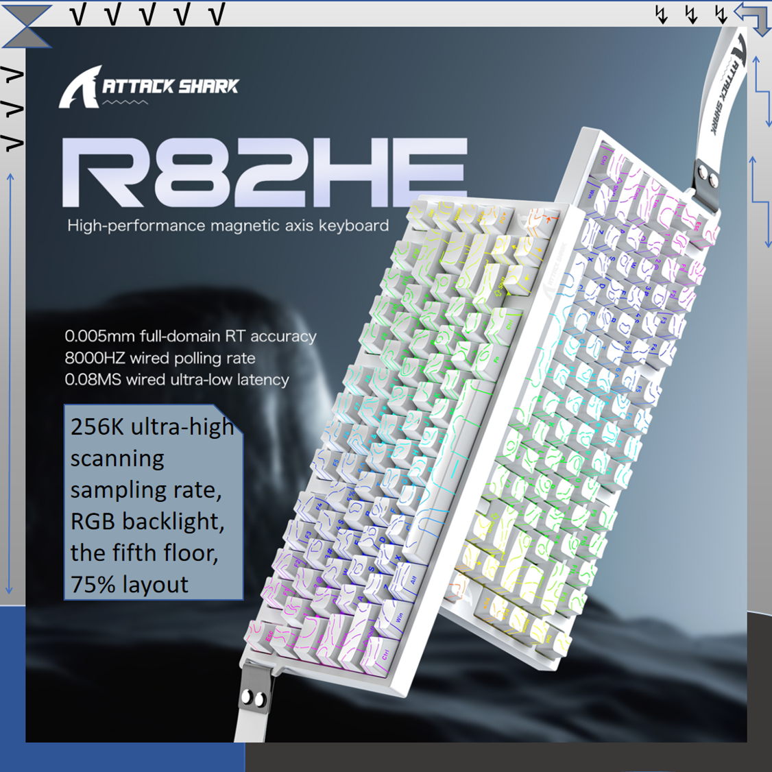 Teclado Mecânico para Jogos ATTACK SHARK R82HE, Eixo Magnético, Layout 75%, Taxa de Polling de 8 kHz, Precisão RT de