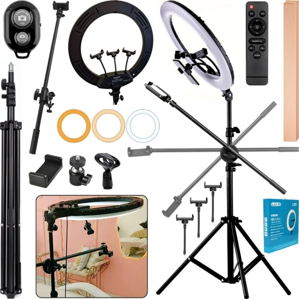 Ring Light Luz Led 45cm 18 Polegadas 55w Tripé Com Haste Suporte Horizontal Celular Estúdio Estética