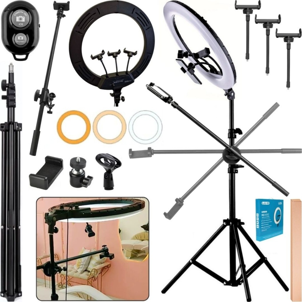 Ring Light Luz Led 36cm 30w Tripé Pedestal Com Barra Suporte Horizontal Para Celular USB 3 Tons