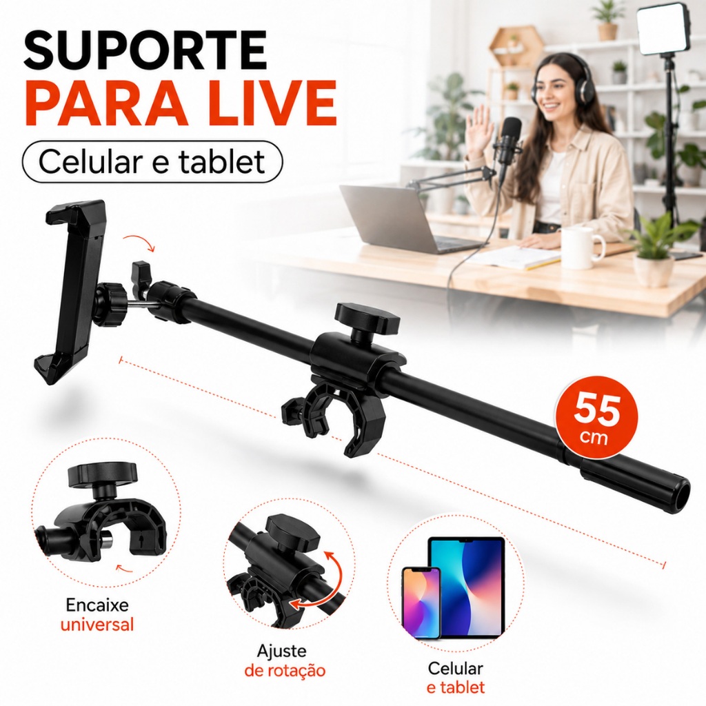 Barra Braço Horizontal Suporte Para Celular Iphone Tripé Pedestal Ring Light Microfone