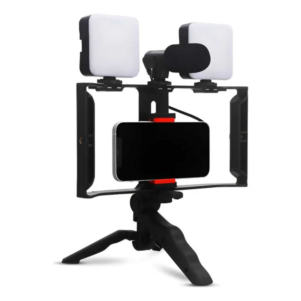 Kit Vlog para Celular com 2 Luzes LED Microfone e Suporte Vertical Horizontal