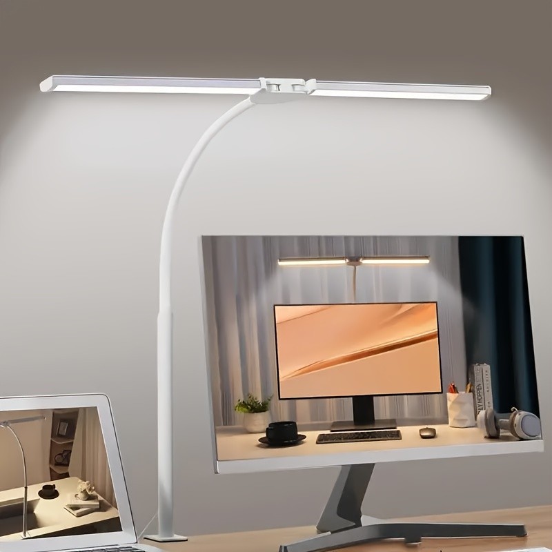 Candeeiro de mesa LED com proteção ocular de 2 cabeças Clip-3 modos, nível 10 brilho Horizontal, ângulo ajustável, adapt