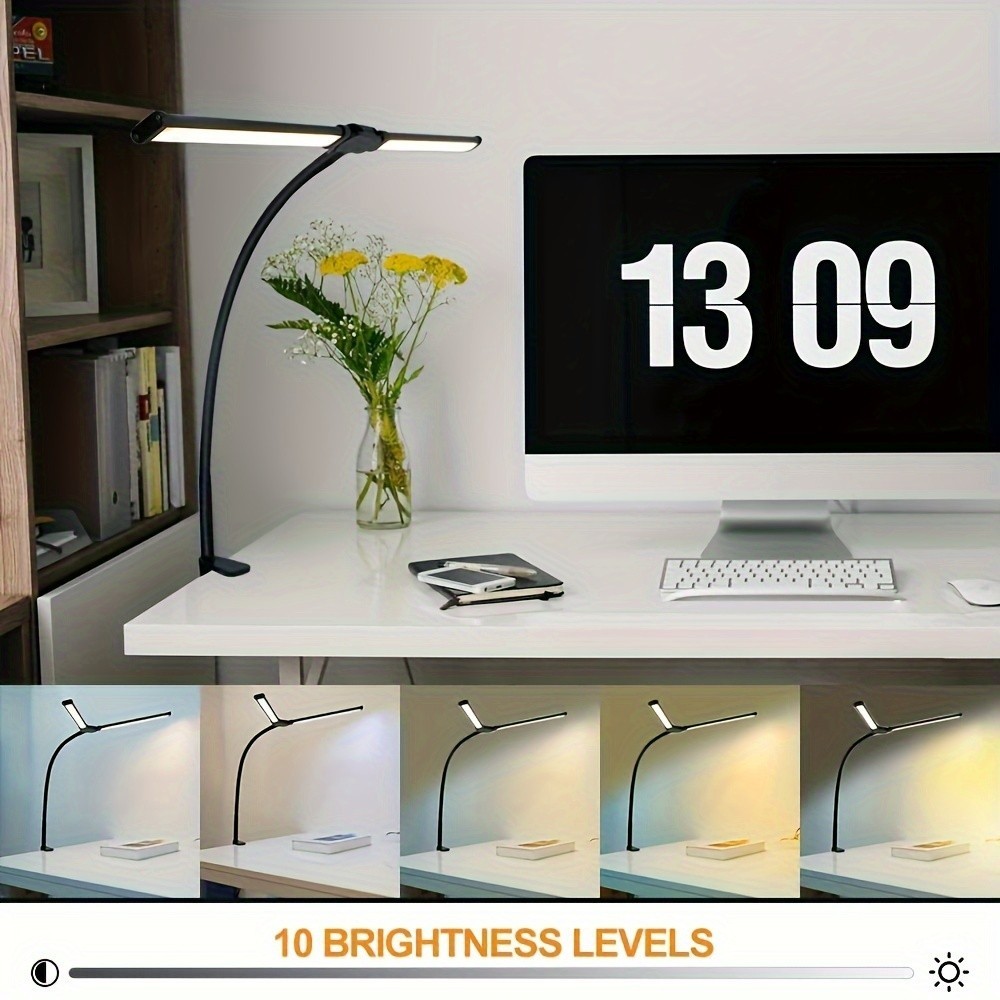 Candeeiro de mesa LED com proteção ocular de 2 cabeças Clip-3 modos, nível 10 brilho Horizontal, ângulo ajustável, adapt