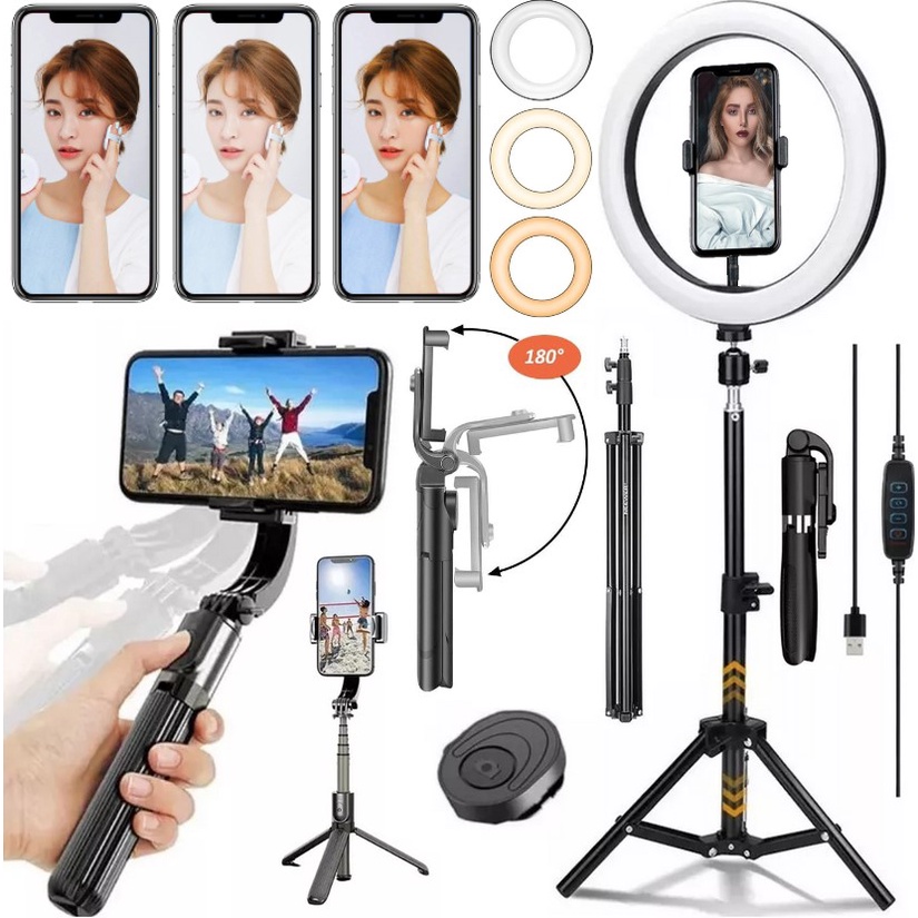 Estabilizador Steadicam Para Celular Horizontal Vertical + Iluminador Ring Light Luz Contínua + Tripé Suporte Universal