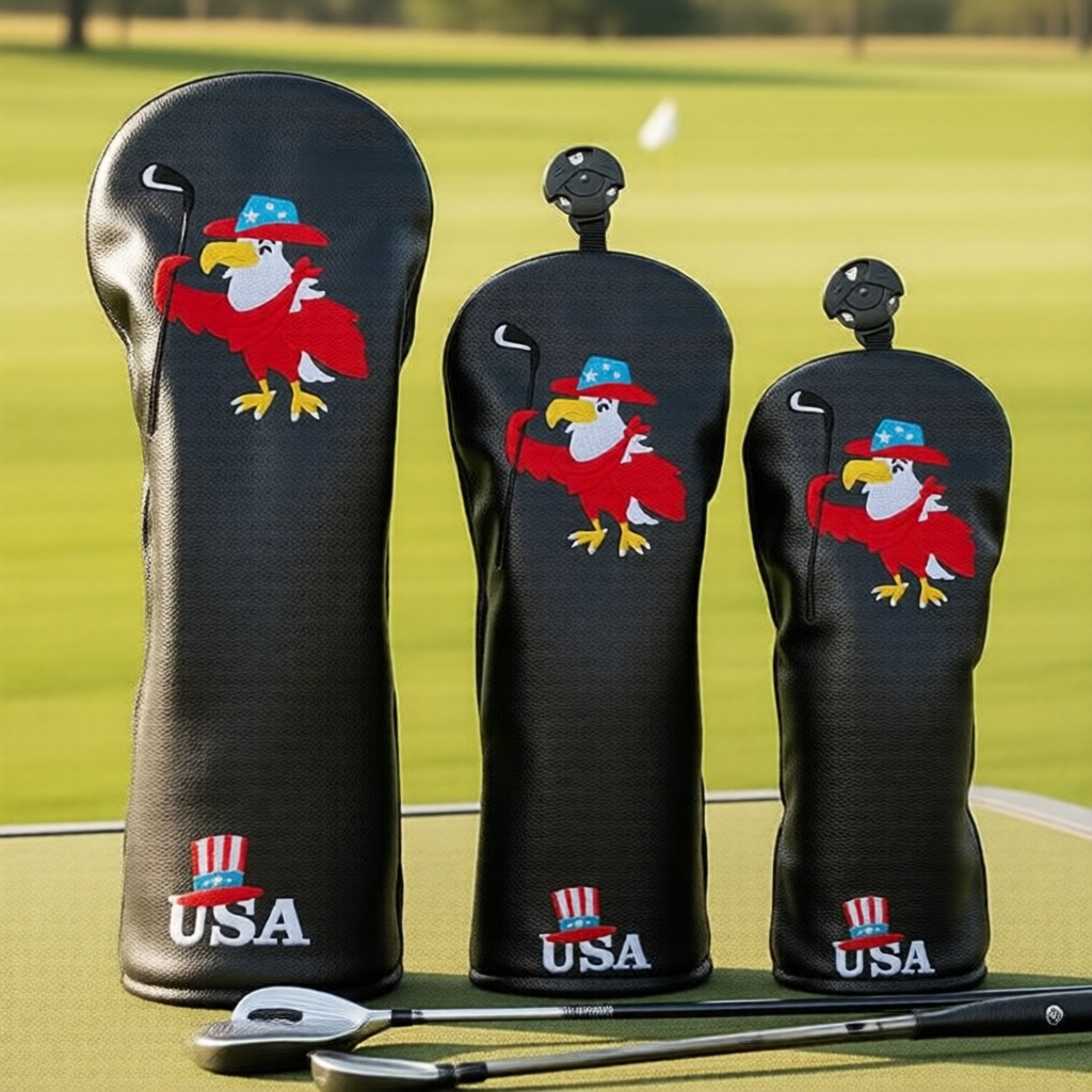 Capa de Cabeça de Golfe Bordado Preto Cartoon – Macia e Resistente – Ajuste Elástico e Seguro – Para Driver, Madeira de