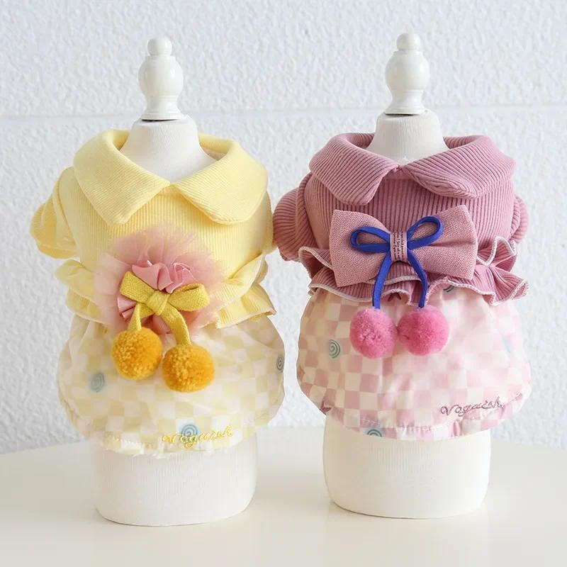 Cotton Padded Dog Dresses, Candy Small Ball Design, Grid, Warm Dog Clothes, Chihuahua Skirts for Pet, Autumn and Winter*