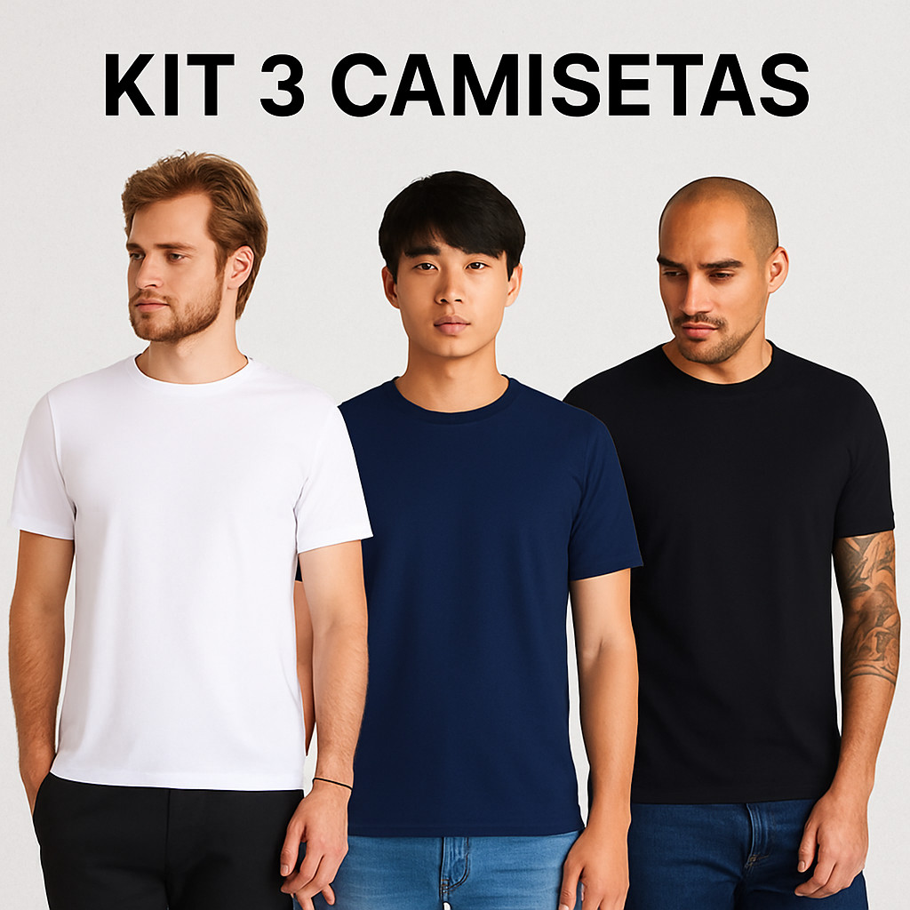 Kit 3 Camisetas Básicas 100% Algodão Lisa Masculina  KB201-K3