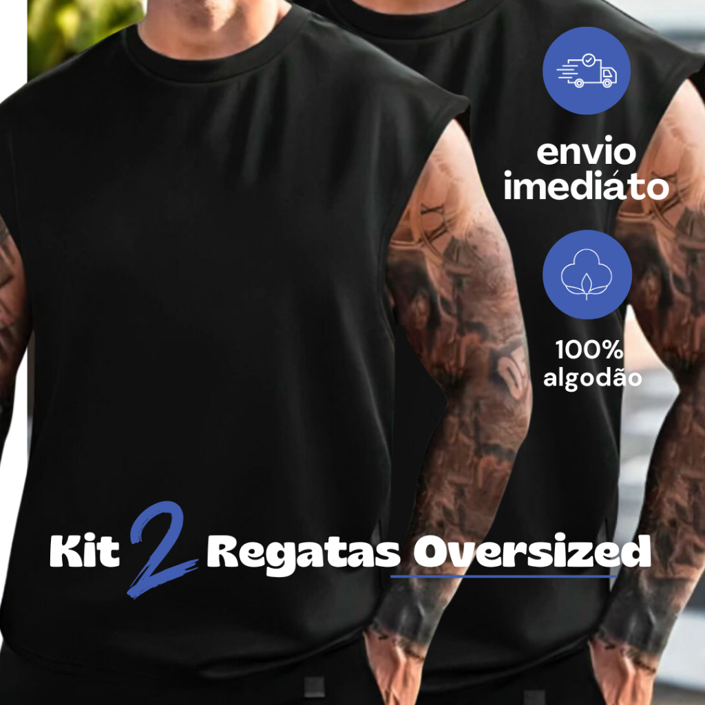 Kit 2 Camisetas Regatas Oversized Machão Lisa Camisa Streetwear 100% Algodão Academia Casual Sem Manga Premium