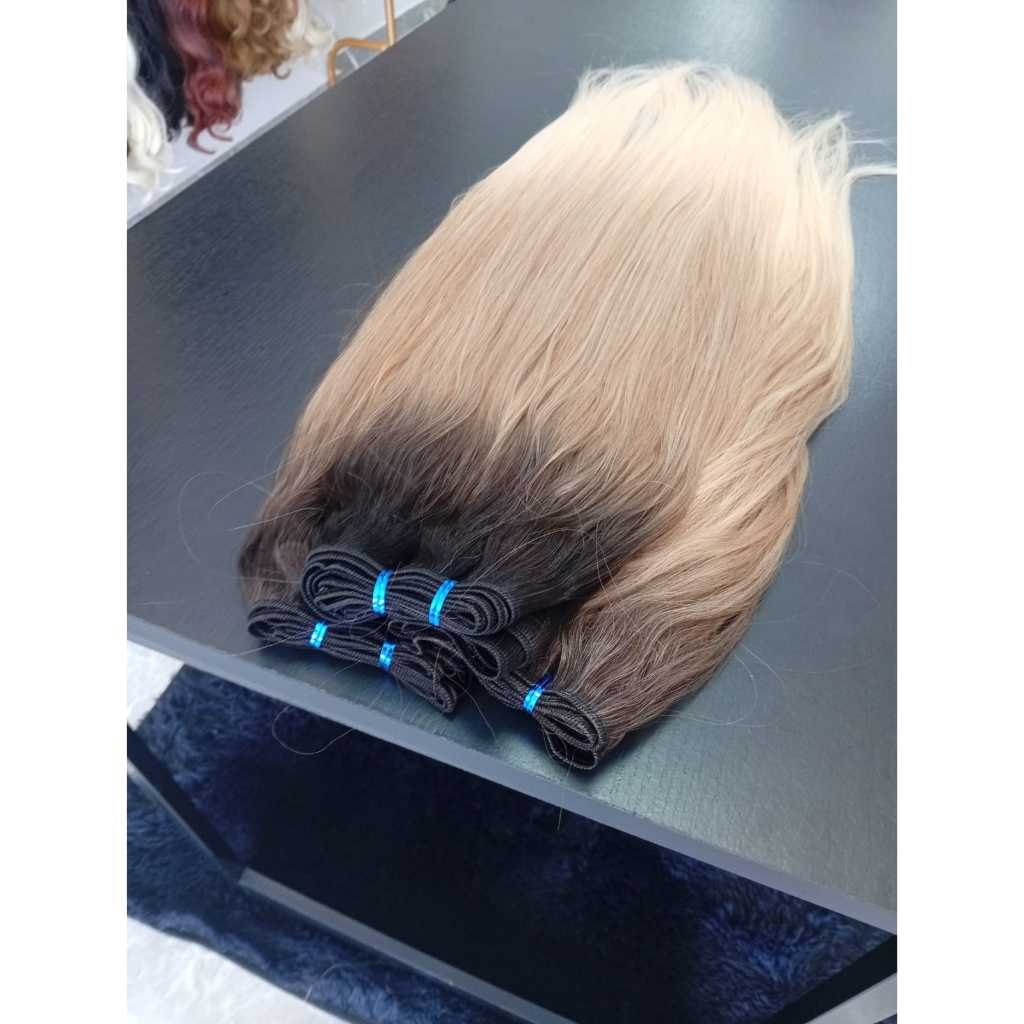 Aplique de Cabelo Fibra Russa Tela Semi Humano Natural 50cm Liso Loiro Perola Raiz Esfumada Bella Hair