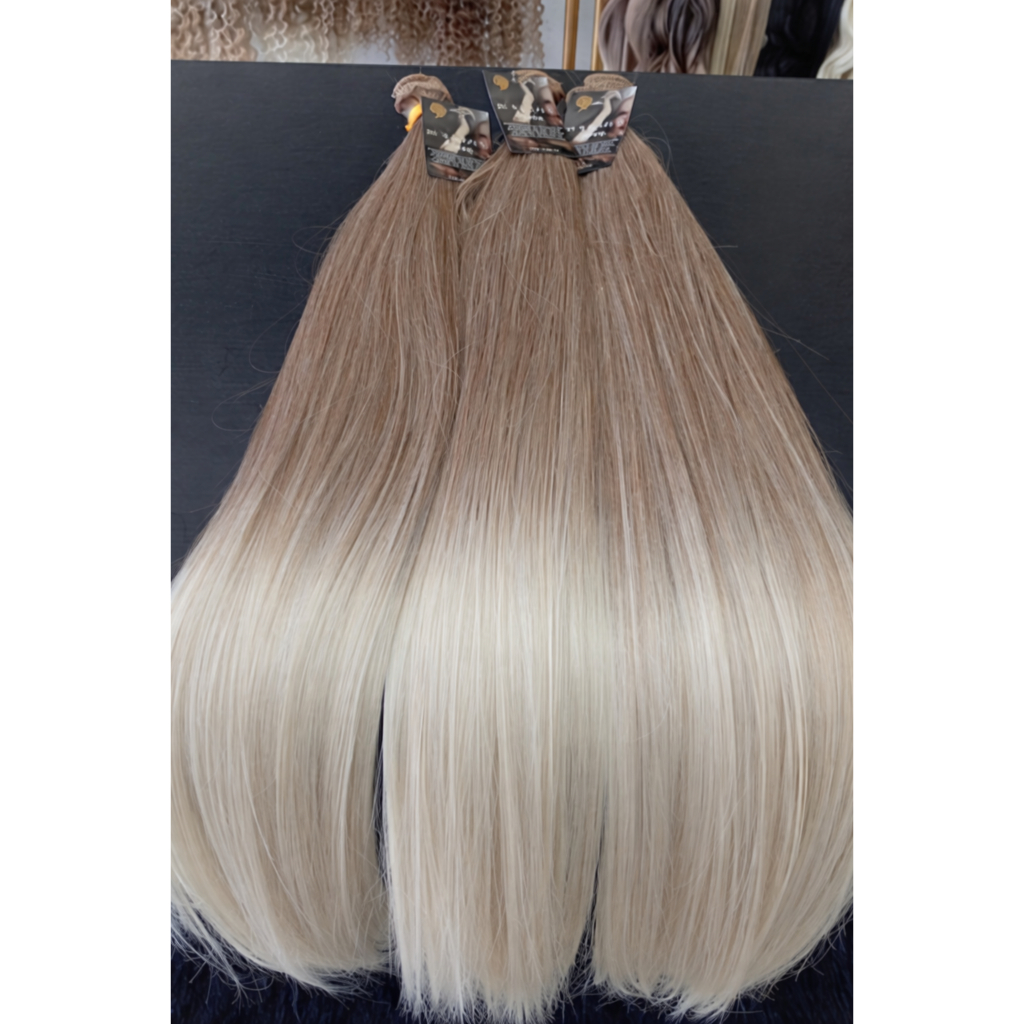Aplique de Cabelo na Tela Mega Hair Natural Fibra Russa Loiro Liso Perolado Luzes 50cm Premium Bella Hair
