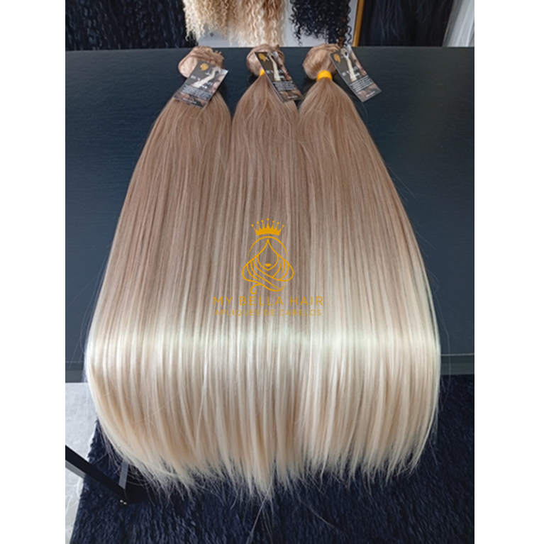 Aplique de Cabelo na Tela Mega Hair Natural Fibra Russa Liso Perolado Luzes 70cm Premium
