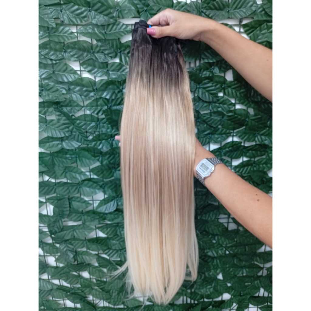 Aplique de Cabelo na Tela Mega Hair Natural Fibra Russa Liso Loiro Perola Raiz Esfumada 50cm Premium Bella Hair