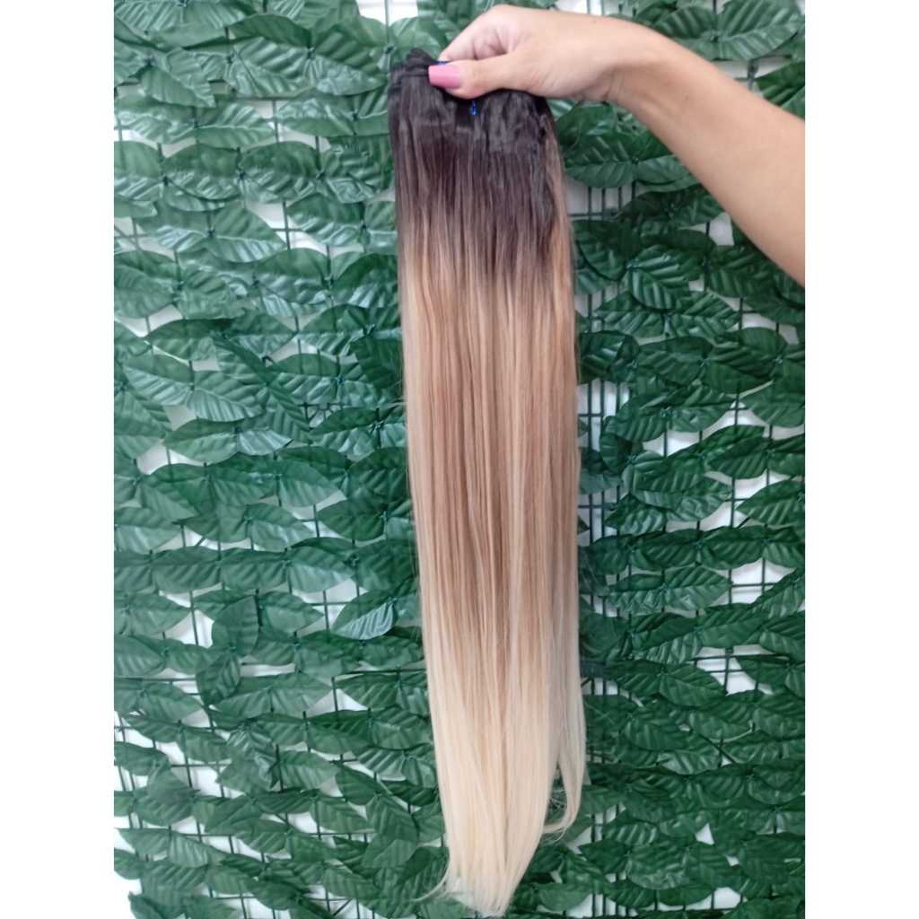 Aplique de Cabelo na Tela Semi Humano Russo Liso Loiro Perola Raiz Esfumada 70cm Fibra Russa Bella Hair